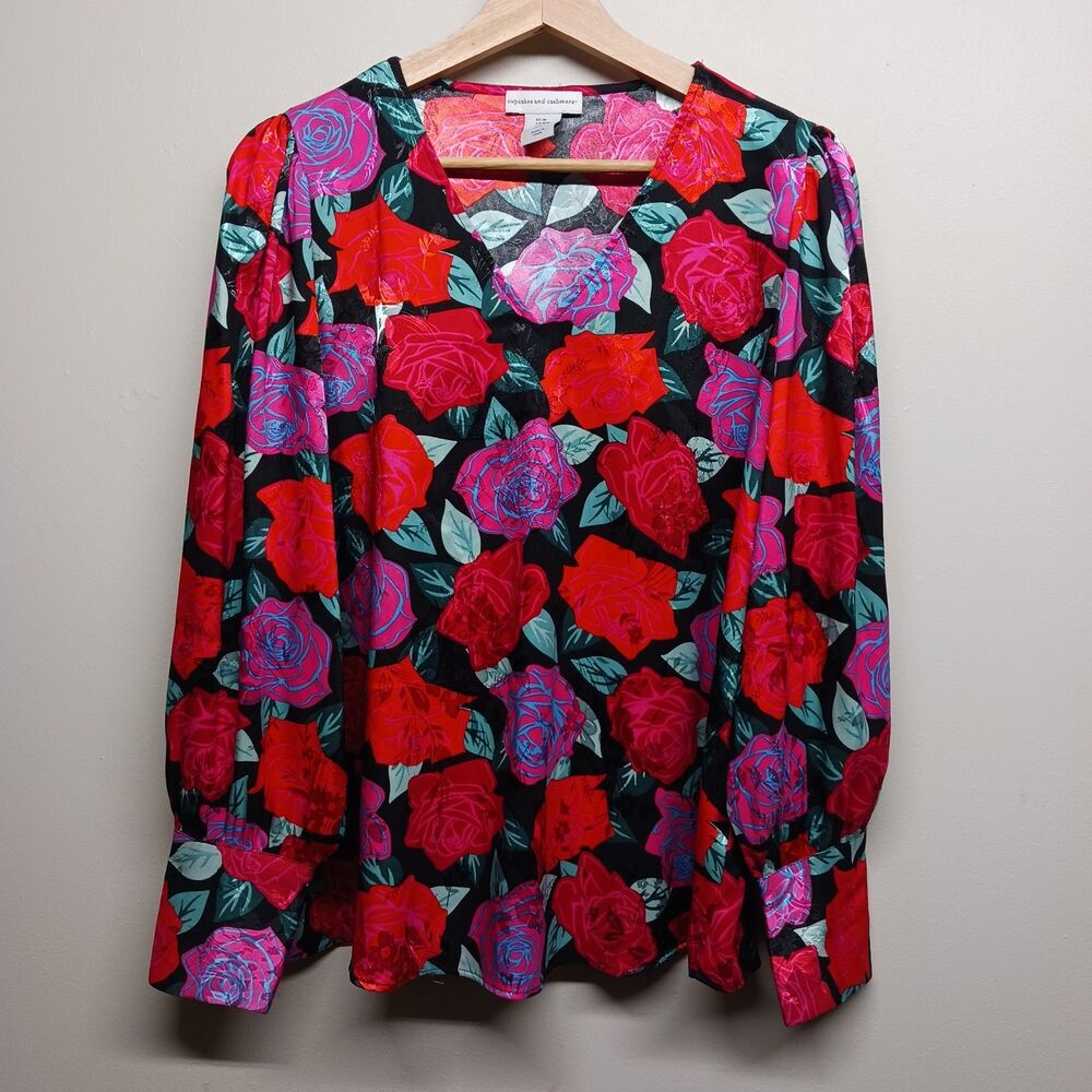 Cupcakes & Cashmere Blouse Top Women Size M Black Floral Satin Long Sleeve